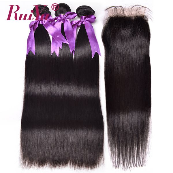 

ruiyu hair straight human hair 3 bundles with closure peruvian weave bundles 4"x4" lace closure with baby non remy, Black;brown