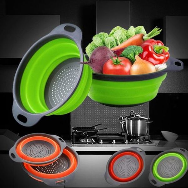 

2 piece set foldable fruit plate round drain basket retractable water filter basket silicone vegetable and fruit plate