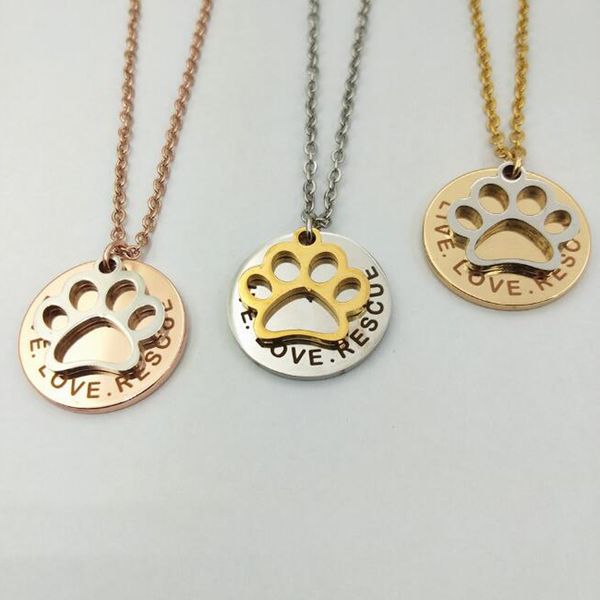 

stainless steel silver gold rose gold round mini puppy dog paw print pendant adjustable chain necklace