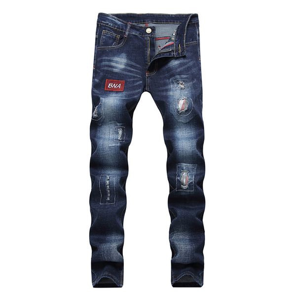 

2018 new european and american men's jeans stickers badges holes blue elastic bodies straight barrel foreign trade trousers men