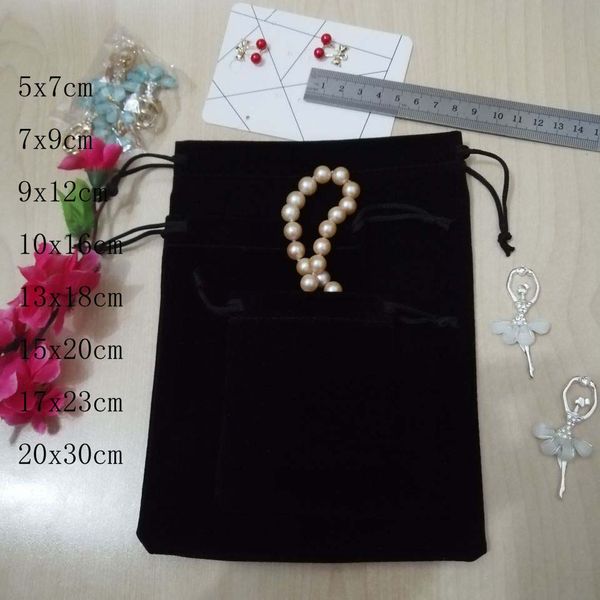 

20pcs black velvet bags jewellery pouches 7x9 9x12 10x16 13x18 cm drawstring wedding christmas gift bags jewelry packaging, Black;white