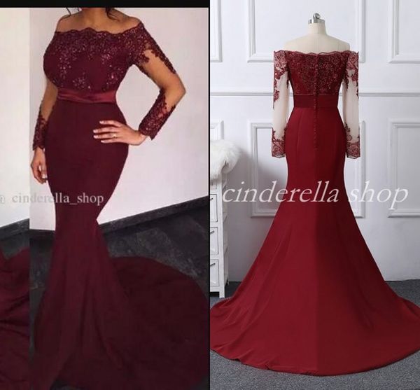

2019 burgundy long leeve mermaid evening dre e off houlder illu ion bodice weep train applique long women party prom dre e plu ize