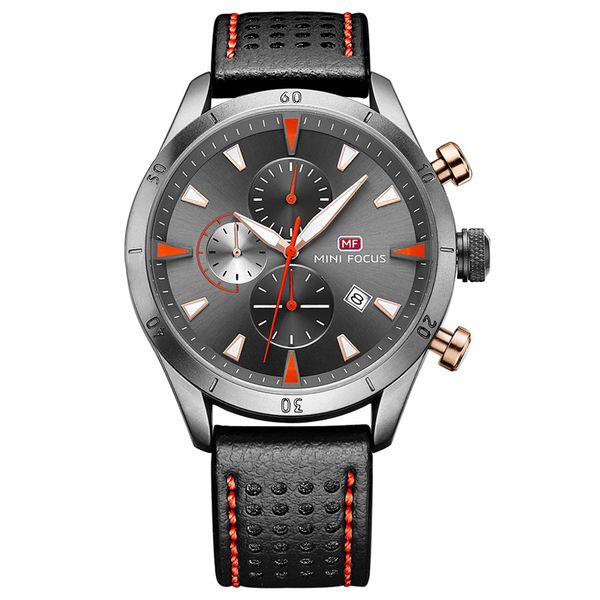 

men's quartz business casual three eyes calendar waterproof leather strap watch, Slivery;brown