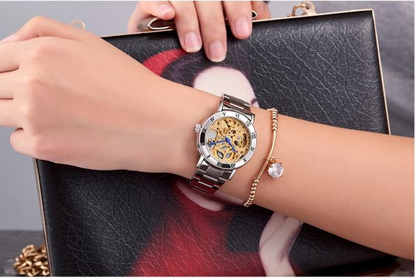 Ik 2019 nova moda automática relógio mecânico feminino esqueleto oco aço completo ol senhora relógio feminino montre femme orologio donna215g