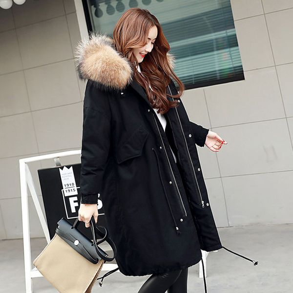 

large natural raccoon fur collar 2017 winter jacket women thick parka long loose size coat outwear female parkas army green, Black