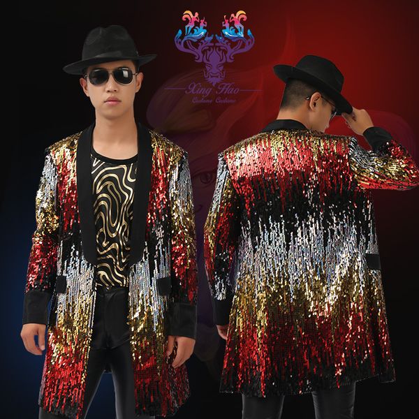 

colorful long sequin blazer jaqueta masculina men blazer masculino stage costumes for singers mens jacket, White;black