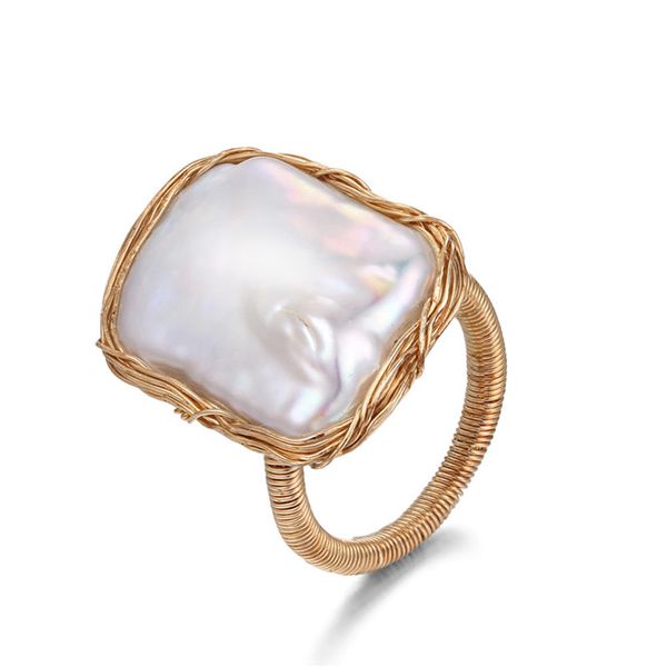 

original handmade square pearl rings baroque shaped pearl rings 14k gold wire wrapped adjustable wedding for women jewelry, Golden;silver