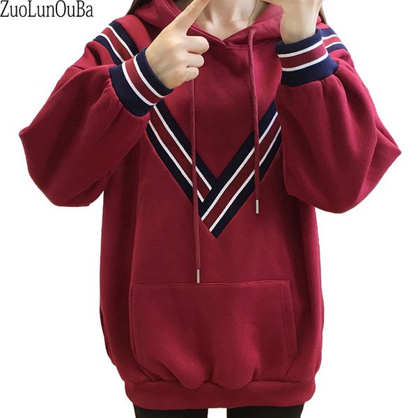 

zuolunouba winter fashion korean version long sleeve women hoody sweatshirt striped pocket drawstring harajuku lady pullover, Black