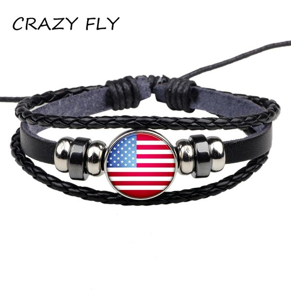 

crazy new fashion national flag jewelry with glass caochon black leather bracelet bangle for women gift wholesale price 2018, Golden;silver