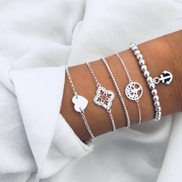 

fashion hollow flower heart tree anchor bead chain multilayer bracelet women personality silver party bracelet set jewelry gift, Black