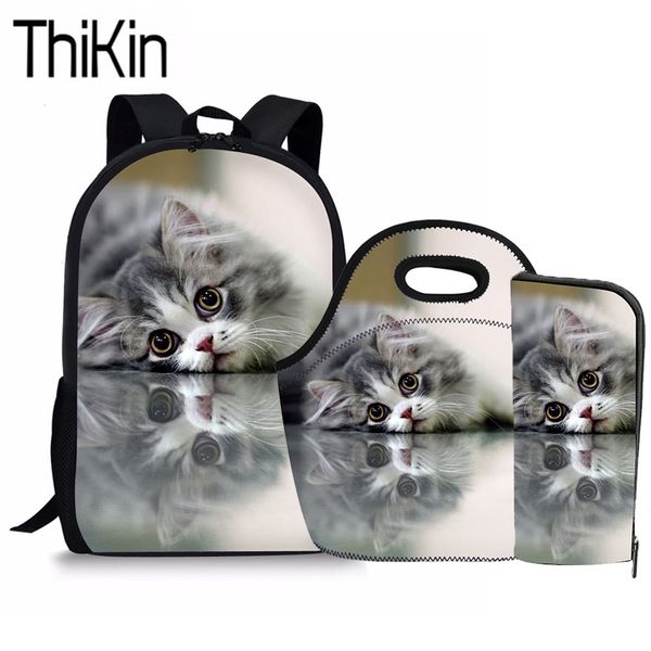 

thikin 3pcs/set school bag backpacks for teenager girls 3d cat printing school bags children primary bag kids satchel