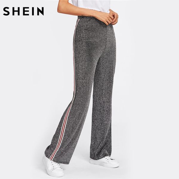 

wholesale-shein mid waist striped tape side glitter pants grey wide leg pants for woman fall elastic waist casual trousers, Black;white