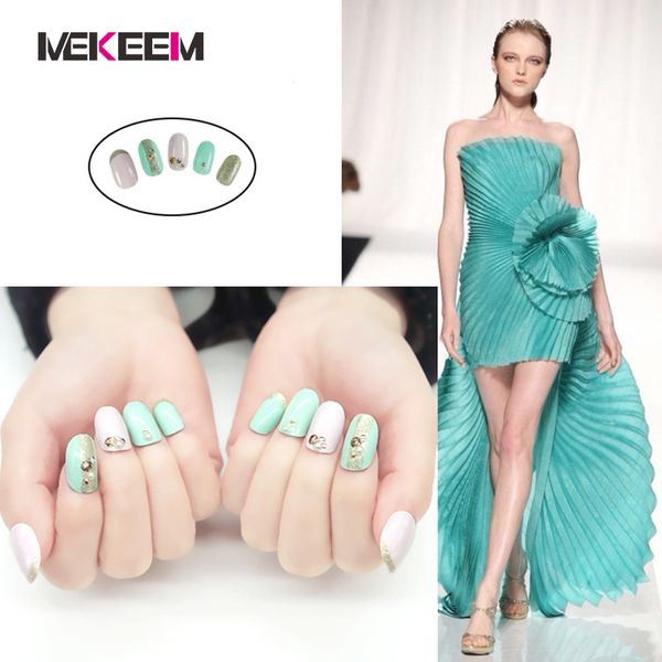

mekeem 24pcs false nails tip 3d diamond full tips fake nails kinds color optional for nail art decorations manicure, Red;gold
