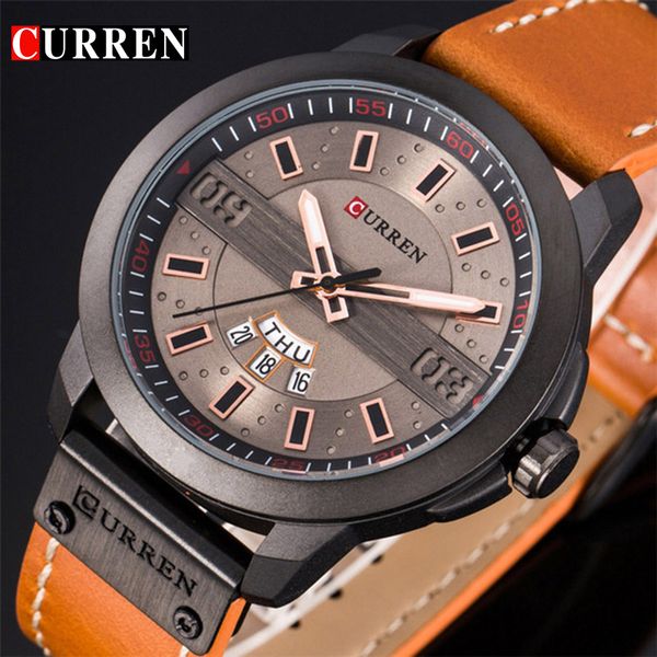 

relogio masculino curren mens watches sport quartz-watch leather strap clock men waterproof wristwatch, Slivery;brown