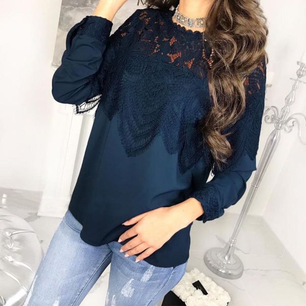 

n women lace hollow out blouses floral round collar long sleeve thin blouse, White