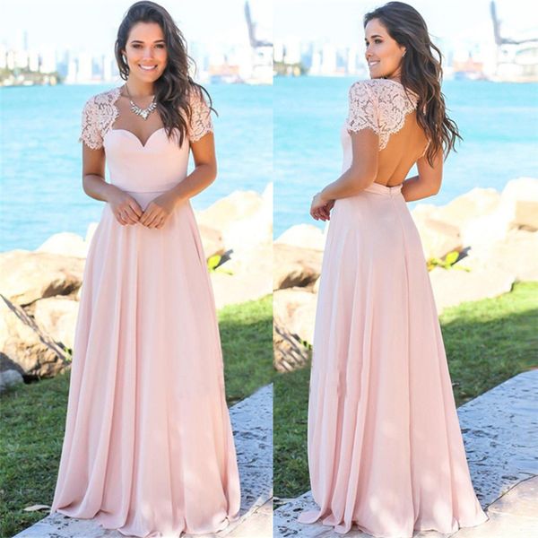 

Sexy Open Back Pink Bridesmaid Dresses Cheap 2018 Chiffon Short Lace Sleeves Formal Evening Dresses Country Bridesmaid Dresses