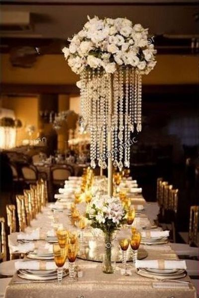 

Золотая / Серебряная Свадьба Центральным Акриловые Бусины 60 см Высокий Акриловый Кристалл Подставка Для Цветов Для Свадебного Декора Стола