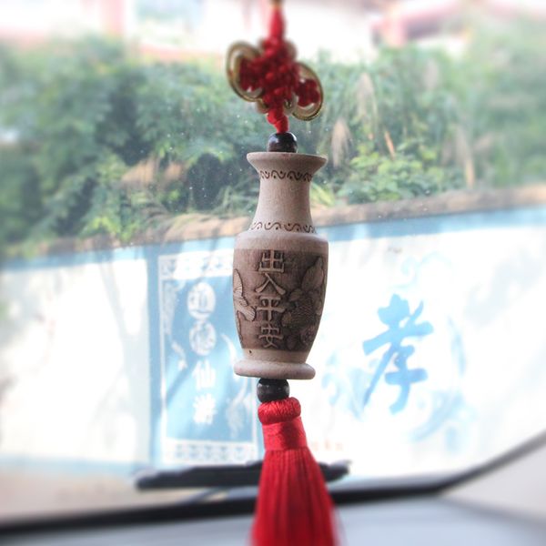 

handmade beauty car pendant wood carved vase auto good luck peace rearview mirror decoration ornaments car keychain accessories