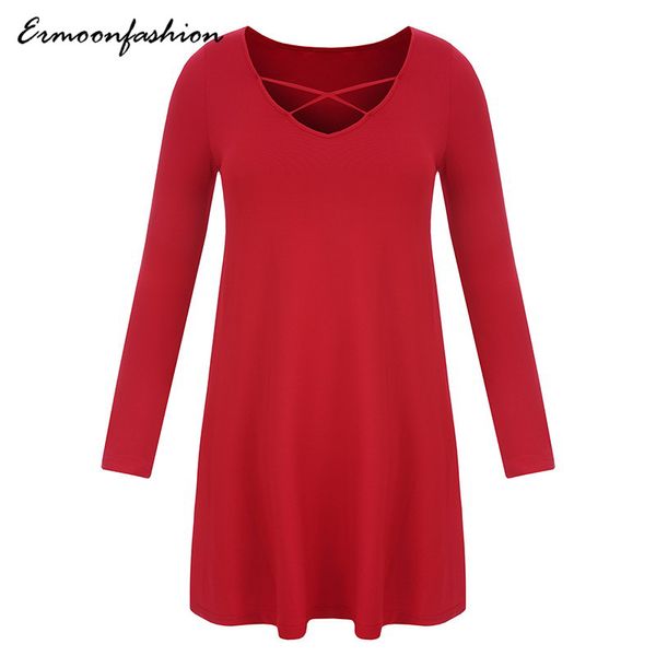 

2018 women causal dress black red blue fashion loose v-neck hollow out mini dress, White;black