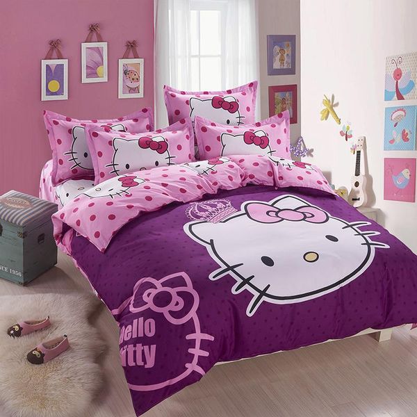

home textiles cartoon purple hello kiy bed linen for children quilt duvet cover pillow bedding sets twin full  size