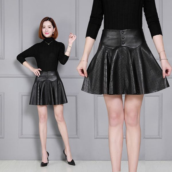 

leather pleated skirt sheepskin openwork leather skirt, Black