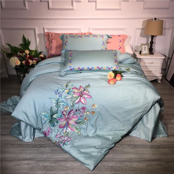 

light green luxury pastoral flower embroidery 60s egyptian coon bedding set  king size duvet cover bed sheet pillowcases
