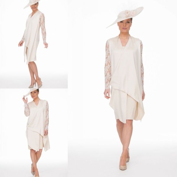 

elegant lace long sleeves mother of the bride dresses jewel neck knee length two pieces evening gowns wedding guest dresses custom made, Black;red