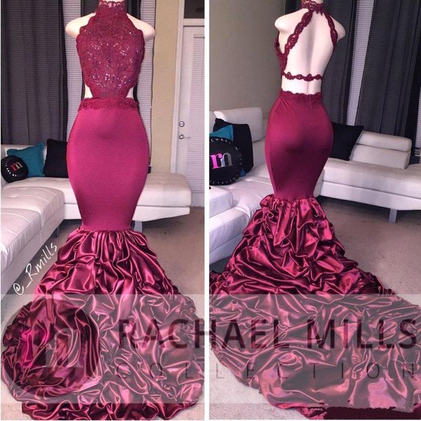 

lace applique royal blue burgundy mermaid prom dresses 2018 african beads sequined backless ruffles draped formal evening wear party gowns, Black;red