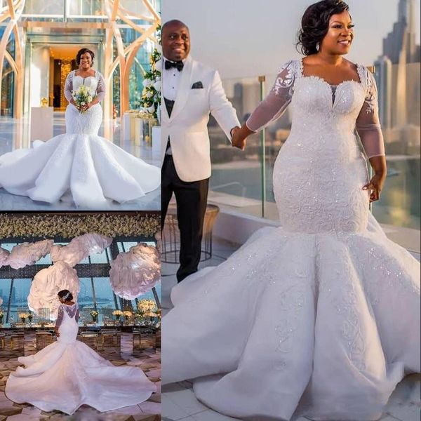 

2018 африканские русалка свадебные платья кружева аппликации плюс размер прозрачные длинные рукава свадебные платья атласная развертки поезд, White