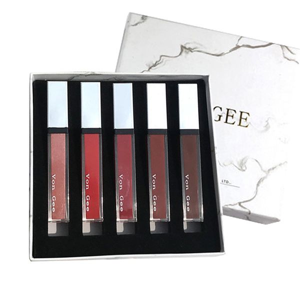 

5 pieces / set of exquisite marble lip gloss set frosted liquid lipstick lasting waterproof velvet makeup mirror lip gloss