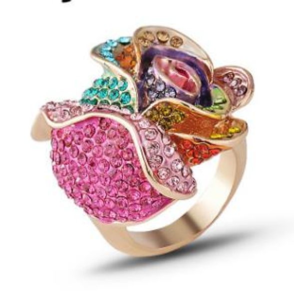 

jewelry wholesale alloy inlaid colorful rhinestone rose ring, Silver