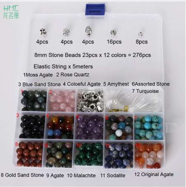 

8mm 1 set round beads natural stone beads including buddha skull beads elastic string kit for jewelry making bracelet diy, Black