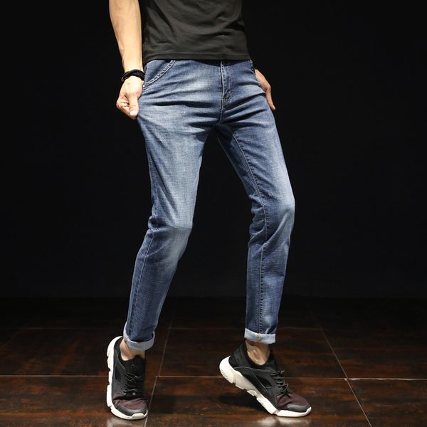 

men jeans skinny stretch pleated casual solid men denim jeans retro washed vintage 2018 spring summer fashion denim pants, Blue