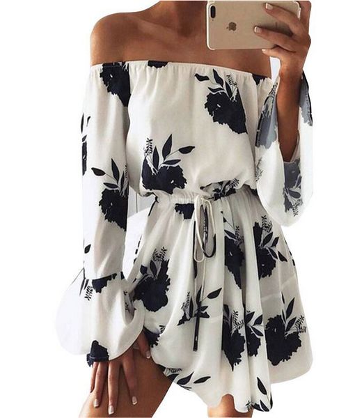

New Summer Off Shoulder Dress for Women Sexy Knee Length Long Sleeve Dresses High Waist Flora Printing Backless Clothing