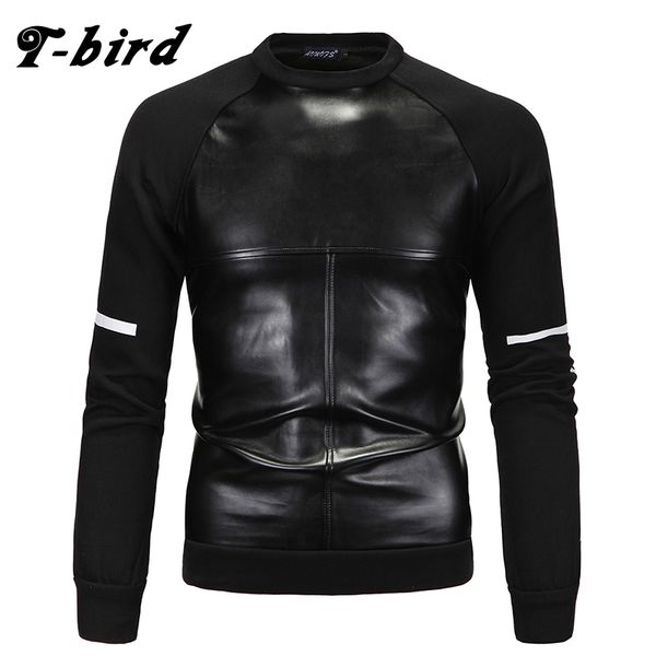 

t-bird men hoodie 2018 autumn pullover men's leather stitching hoodies fashion sweatshirt hip-hop male hoodies wqas, Black