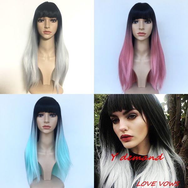 Grey Blue Pink Ombre Black Wig Synthetic Wigs For Black White