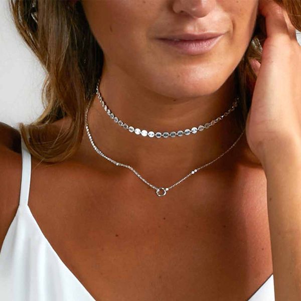 

iparam 2017 fashion dainty gold/silver sequins choker little charm pendant two layers choker necklace for women