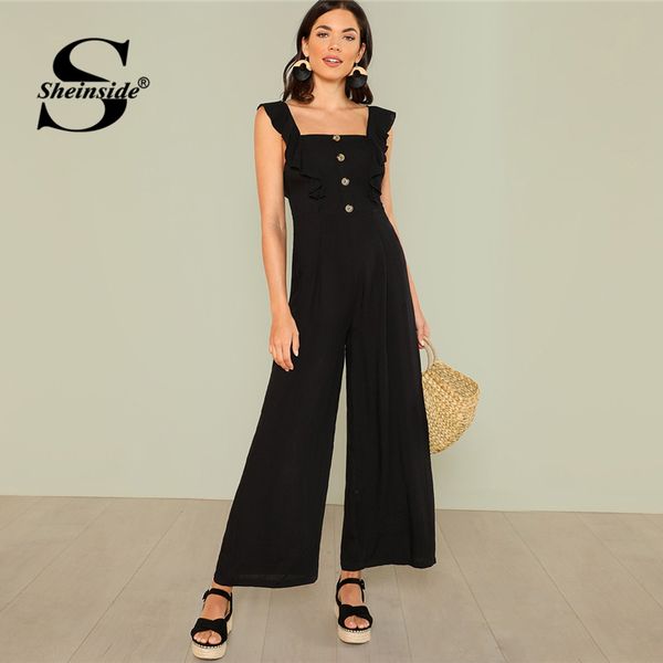 

sheinside black ruffle strap wide leg jumpsuit office ladies button front square neck sleeveless summer women elejumpsuit, Black;white