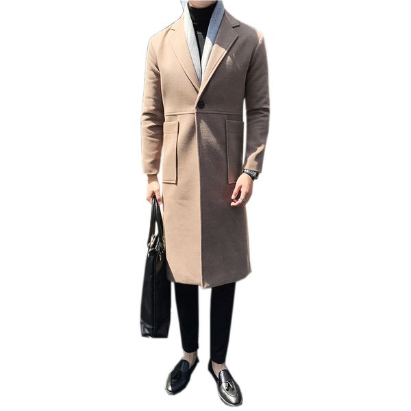 

male casual long trech coat men 3 colors green long overcoat men woolblend male abrigo largo hombre elegante one button coat, Tan;black