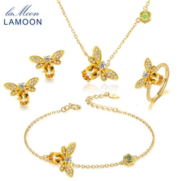 

lamoon bee 1ct 100% natural oval citrine jewelry sets 925 sterling-silver-jewelry earrings rings bracelet necklace women v027-5, Black