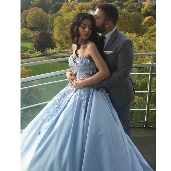 

new arrvial ball gown prom party dress sweetheart sweep train blue satin evening gown with appliques, Black