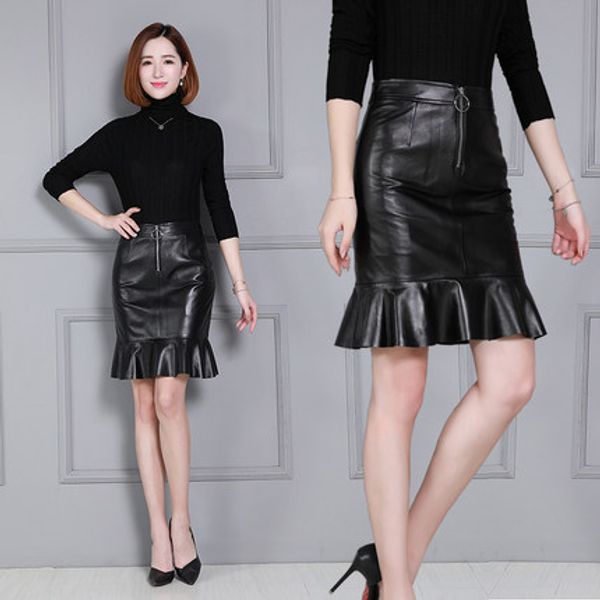 

women autumn and winter new sheep leather skirt, Black