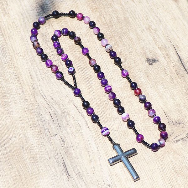 

new design hematite cross pendant purple striped carnelian beads handmade meditation rosary necklace women jewelry, Silver