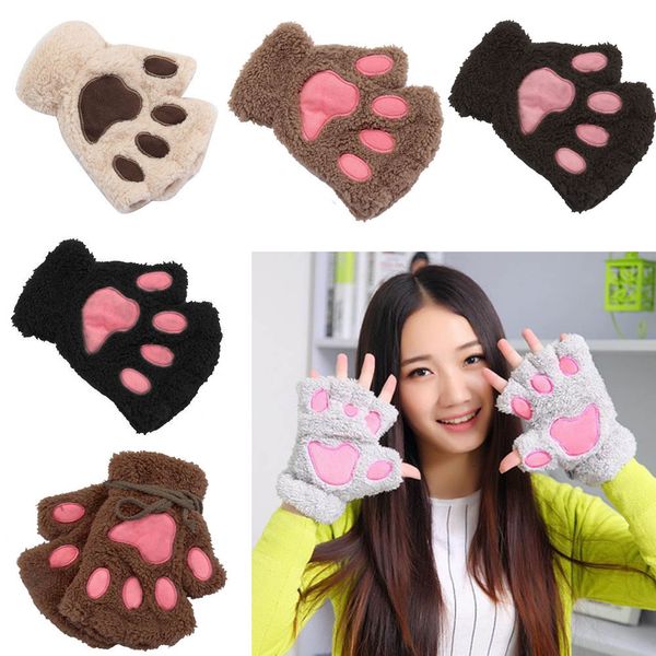 

1 pair winter women ladies girls lovely gloves plush warm mittens cute cat short fingerless half finger glove xrq88, Blue;gray