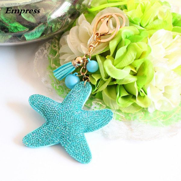 

2018 fashion charm rhinestone leather starfish tassel pendant keychain alloy bag key ring holder for women gift souvenir jewelry, Silver