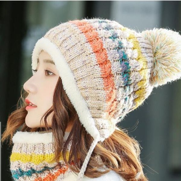 

fashion ear cap ladys neck warm thickening and fleece knitted hat fur hat tri-color slit hat, Blue;gray