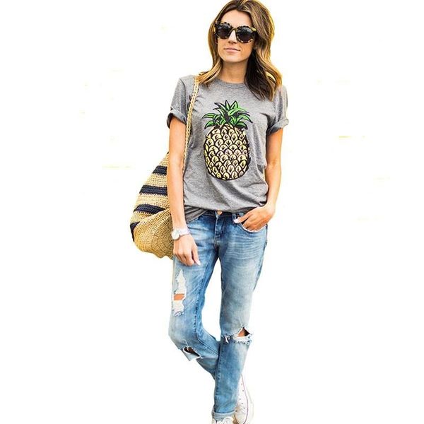 

apparel for women fashion t-shirts with printing summer pineapple fruits print short sleeve o neck cotton club casual tees for ladies, White