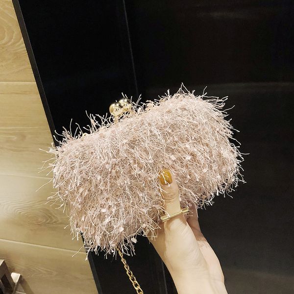 

mixtx 2018 autumn women feather tassel handbag chain banquet bag fashion hairy clutch sweet lady small box package crossbody