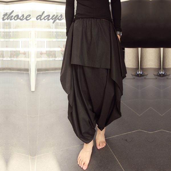 

cool street wear loose vintage male irregular lenght skirt pants drop crotch baaggy dance pants men's harem japan style, Black