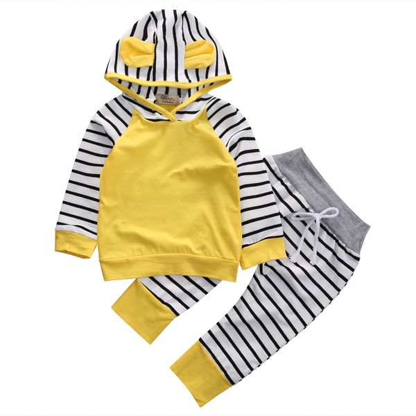 2pcs Baby Boys Girls Sport Autumn Yellow Cotton Long Sleeve Hooded Sweatshirt Top +Long Striped Pants Outfits Clothing Set